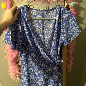 blue and white wrap front mini dress